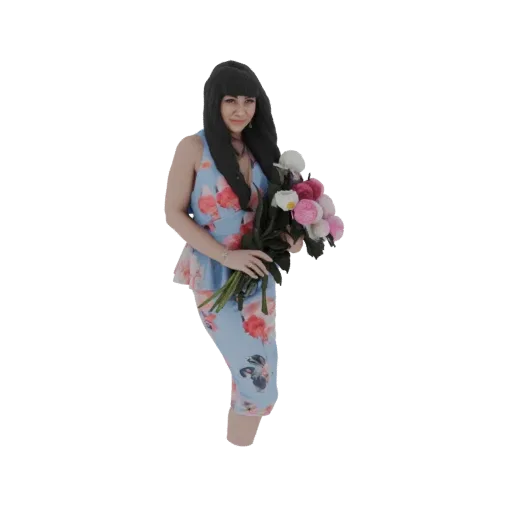 3D model of a woman with dark hair in a blue floral dress holding a bouquet of pink and white flowers.