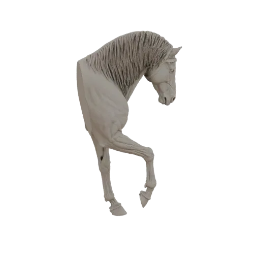 3D model of a grey, unpainted sculpture of a horse in a galloping pose, with its mane flowing.