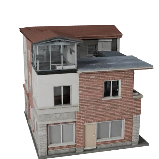 Modular Suburban Kit high poly 3D model, close-up architectural render view, showing modular building kit materials and architectural detail