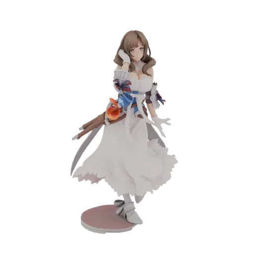 3D model of an elegant bride in a white gown, posing gracefully on a pink circular base.