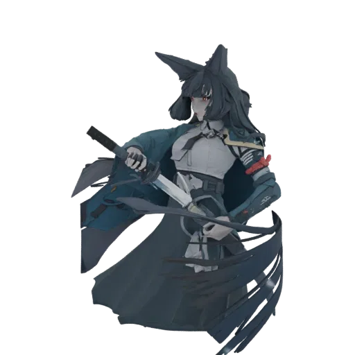 3D model of an anime warrior with wolf ears, dark cloak, and a katana, rendered against a black background.