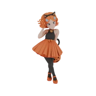 Modelo 3D de una chica gato anime con disfraz de Halloween, con orejas de gato y sosteniendo una cesta de calabaza.