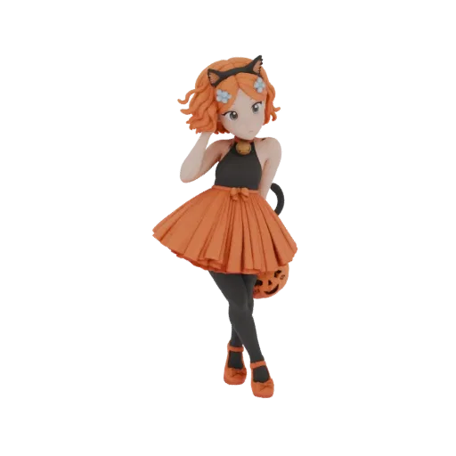 3D-Modell eines Anime-Katzenmädchens im Halloween-Kostüm, mit Katzenohren und Kürbis-Korb.