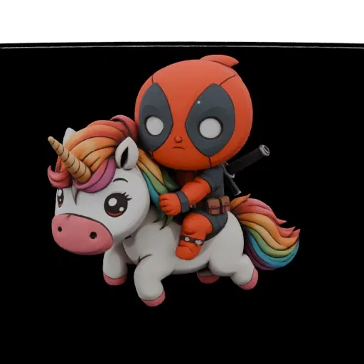 A 3D render of a chibi Deadpool figure riding a colorful unicorn, set against a black background.