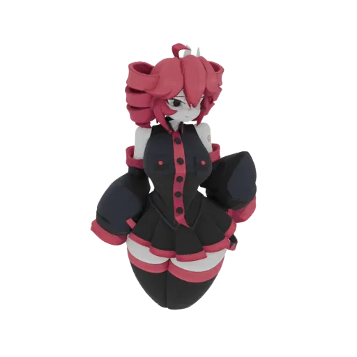 Modello 3D personaggio stile anime con grandi capelli rosa, indossa un vestito nero con accenti rossi e ampie maniche nere.