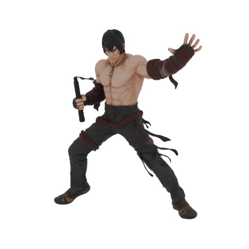 3D model of a muscular male martial artist in a dynamic pose, holding nunchaku, with detailed musculature and dark martial ar