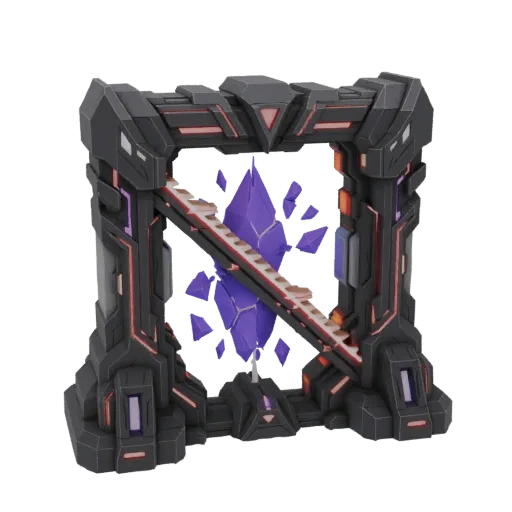 3D model of a futuristic sci-fi portal with a dark, angular frame and glowing purple accents surrounding a cluster of purple
