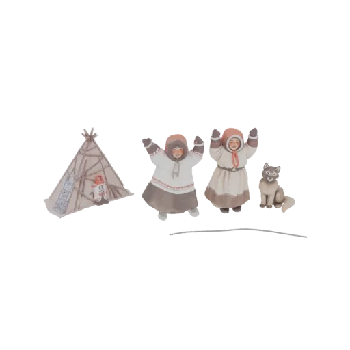 3D model of an Arctic village scene with two figures in parkas, a teepee, and a wolf.