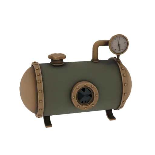 3D model of a steampunk industrial pressure tank with a green body, tan rivets, a pressure gauge, and a central viewing port.