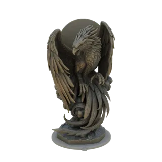 3D model of a majestic phoenix with detailed feathers, wings spread wide, rising from swirling clouds against a neutral backg