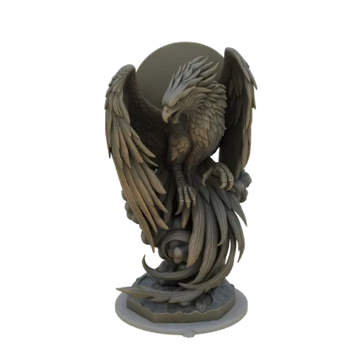 3D model of a majestic phoenix with detailed feathers, wings spread wide, rising from swirling clouds against a neutral backg