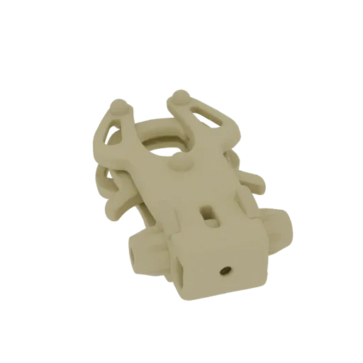 3D model of a tan-colored tactical gear clip with interlocking parts and attachment points, isolated on a white background.