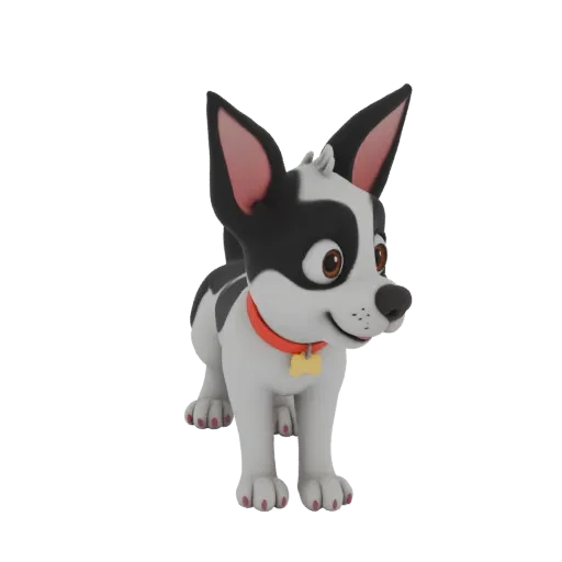 Render 3D de un perro de dibujos animados lindo con pelaje blanco y negro, collar rojo y etiqueta amarilla en forma de hueso,