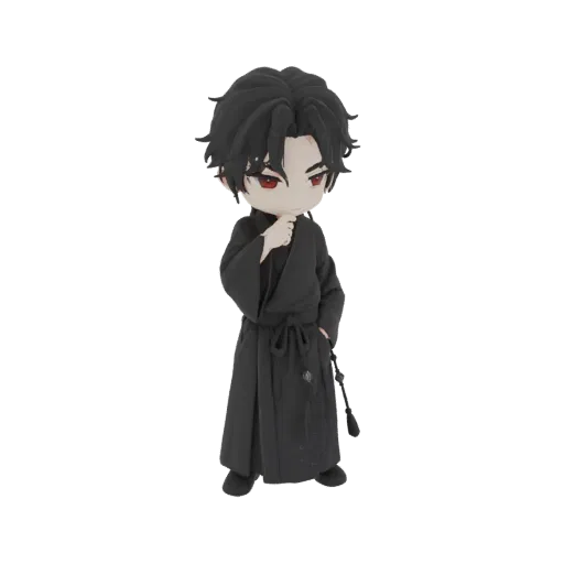 3D model of a chibi character with black hair and red eyes, wearing a dark robe and in a thoughtful pose.