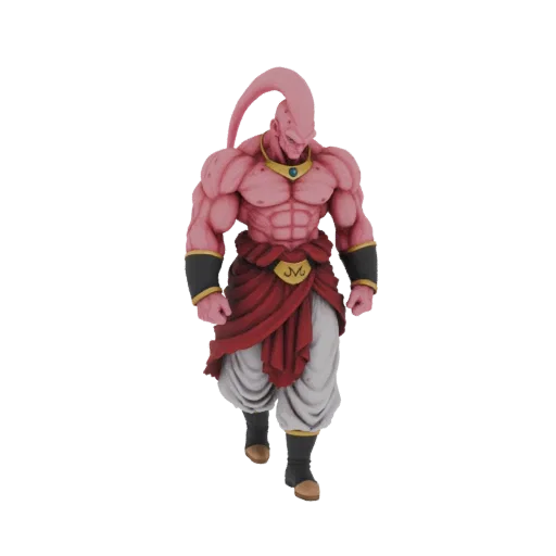 Modelo 3D de Majin Buu em sua forma absorvida, com pele rosa, físico musculoso e faixa vermelha, em pé contra um fundo branco