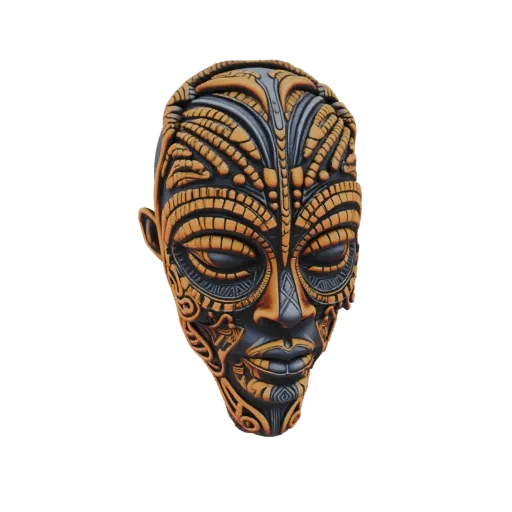 A detailed 3D model render of a tribal mask with intricate carvings in earthy tones and dark accents, presented against a whi