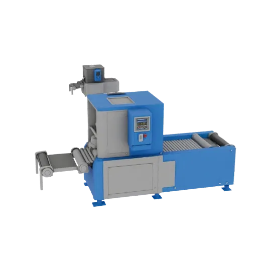 Automated Packing Machine Printable 3D model, isometric STL render, showing painted steel, machine stations.