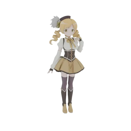 3D model of Mami Tomoe, a blonde anime girl in a yellow and white magical girl outfit, standing with her hand near her chin.