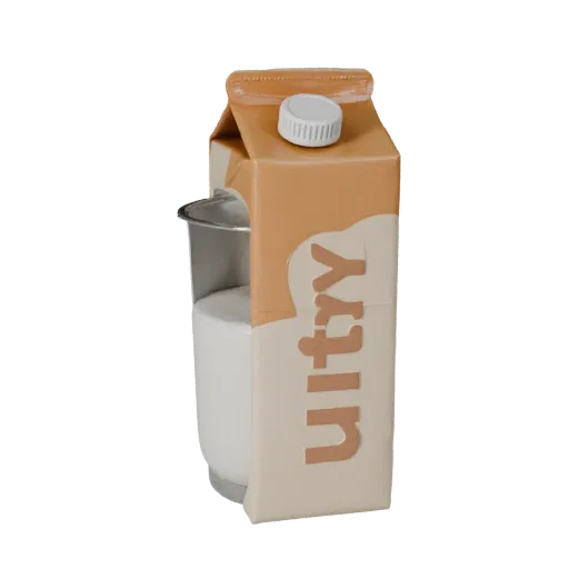 Sealed Milk Carton 3D model, three-quarter front view, Unity viewport, showing cardboard, package massing.
