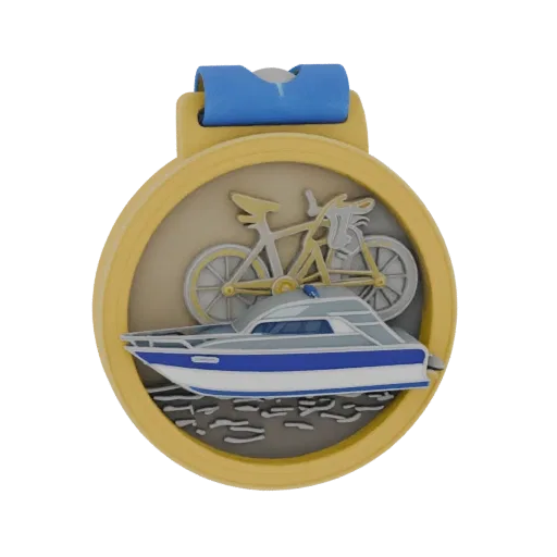 3D medal model with steamboat and bicycle image, with blue ribbon