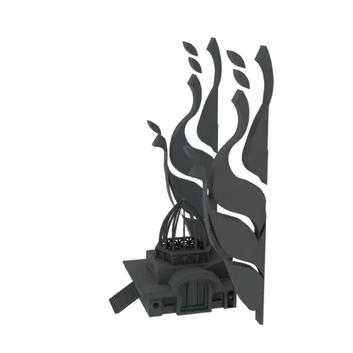 3D render of an abstract sculpture combining stylized flame shapes with a detailed gazebo structure, presented in a dark gray