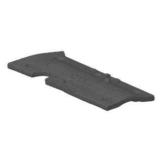 3D model of a white automotive engine cover with embossed text and a curved cutout, presented on a black background.