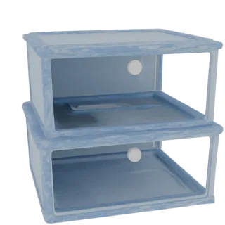 3D model of a two-tier stackable storage unit with light blue interiors and textured blue trim, shown from a front-side angle