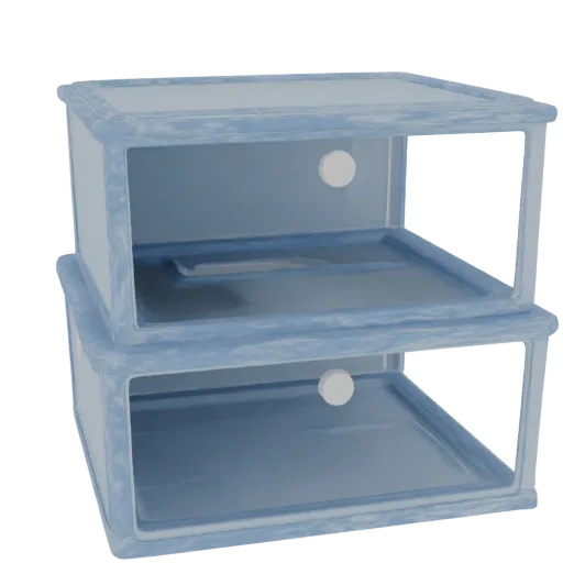 Modelo 3D de un módulo de almacenamiento apilable de dos niveles con interiores azul claro y ribete azul texturizado, mostrad