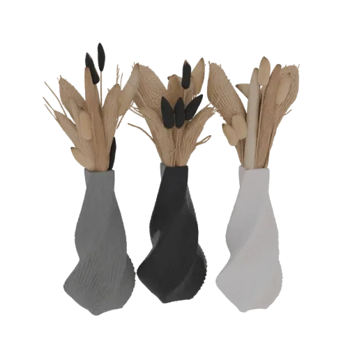 A 3D render of three twisted vases in grey, black, and white, each filled with dried floral arrangements.