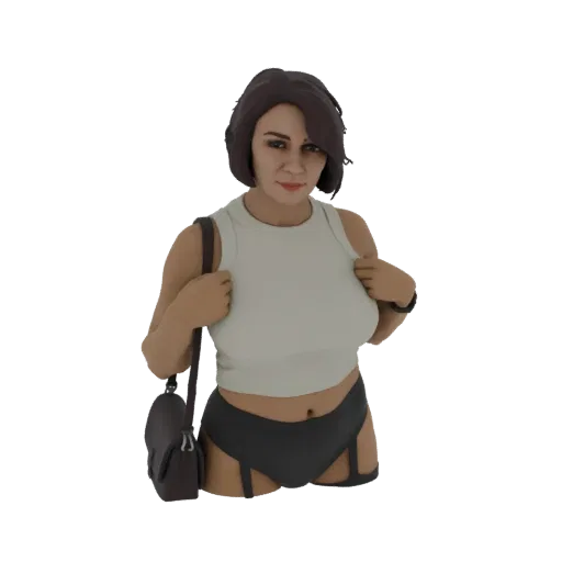 Modelo 3D de mulher com regata branca, shorts pretos e bolsa escura, expressão neutra.