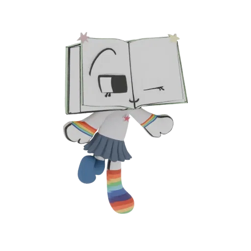 3D model of a cute anthropomorphic book character with rainbow striped socks and skirt.