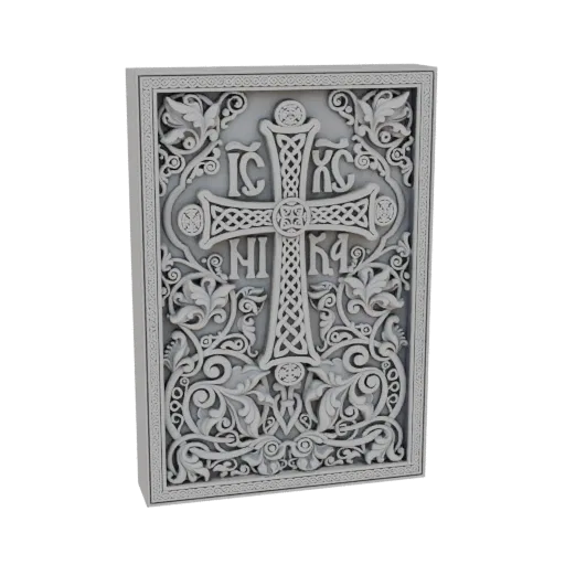 3D model of an Orthodox Cross relief panel with intricate Celtic knotwork and floral designs, rendered in a light gray materi
