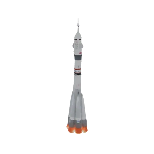 Un modello 3D dettagliato del razzo Soyuz, in piedi verticalmente su sfondo bianco, che mostra il suo design multi-stadio.