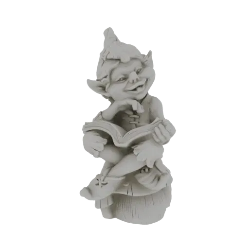 3D model render of a grey stone-like gnome wearing a pointed hat, sitting on a mushroom, and reading an open book.