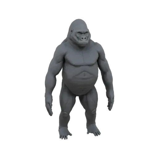 A detailed 3D model of a muscular silverback gorilla standing upright, showcasing its powerful physique and realistic texture