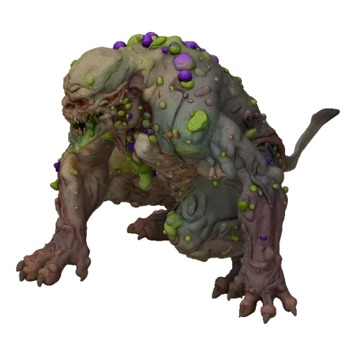 3D model of a grotesque, bloated undead monster crawling on all fours, with pale skin, rotten veins, and swollen toxic gases.