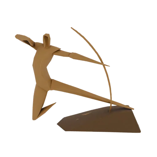 A low-poly, geometric 3D model of an archer in a dynamic pose, drawing a bow, rendered in a matte brown material.