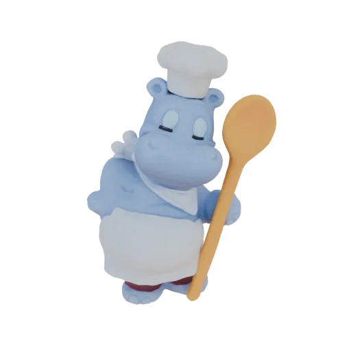 A 3D render of a cute, light blue hippo wearing a white chef's hat and apron, holding a large wooden spoon in its right hand.
