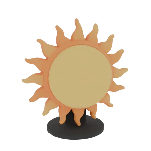 3D model sun phone holder with yellow disk and orange rays on a dark base.