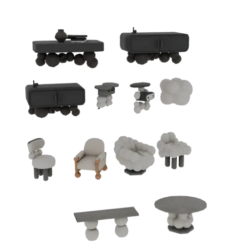 A 3D render of a collection of abstract furniture with rounded, bubble-like shapes in dark gray and off-white.