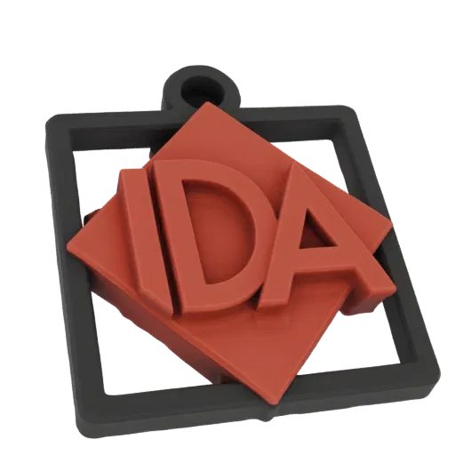 3D render of a black square frame with a red diamond-shaped IDA logo emblem and a loop for a keychain.