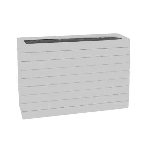 A 3D render of a modern, light gray rectangular planter with prominent horizontal ribbing, set against a white background.
