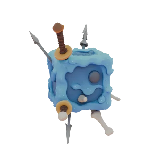 3D model of a blue cube slime with swords, bones, and arrows sticking out, on a white background.