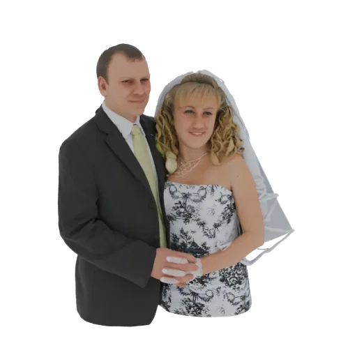 Modèle 3D couple de mariés, mariée en robe florale et marié en costume, se tenant la main.