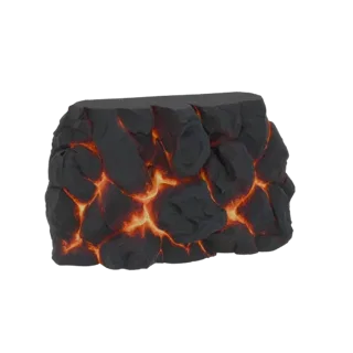 3D model of a dark, jagged rock formation with glowing orange and yellow cracks, resembling molten lava.