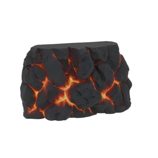 Modelo 3D de una formación rocosa oscura y dentada con grietas naranjas y amarillas brillantes, que se asemeja a lava fundida