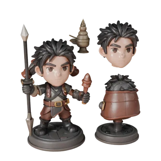 Abenteuer-Figur sammelbares 3D-Modell Vorschau zeigt Pose, Studio-Nahaufnahme, Spielzeugproportionen und Materialdetails