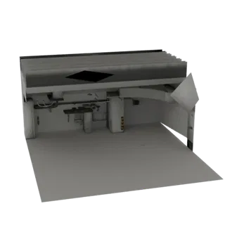 3D model of an industrial garage workshop with a workbench, storage units, and pipes, rendered with realistic lighting.