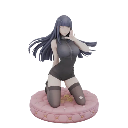 3D model of Hinata Hyuga from Naruto kneeling on a pink cushion, wearing a dark outfit and striking a dynamic pose.