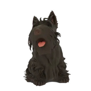 Una renderización 3D de un Scottish Terrier de color oscuro sentado con la boca abierta y la lengua fuera, sobre un fondo bla